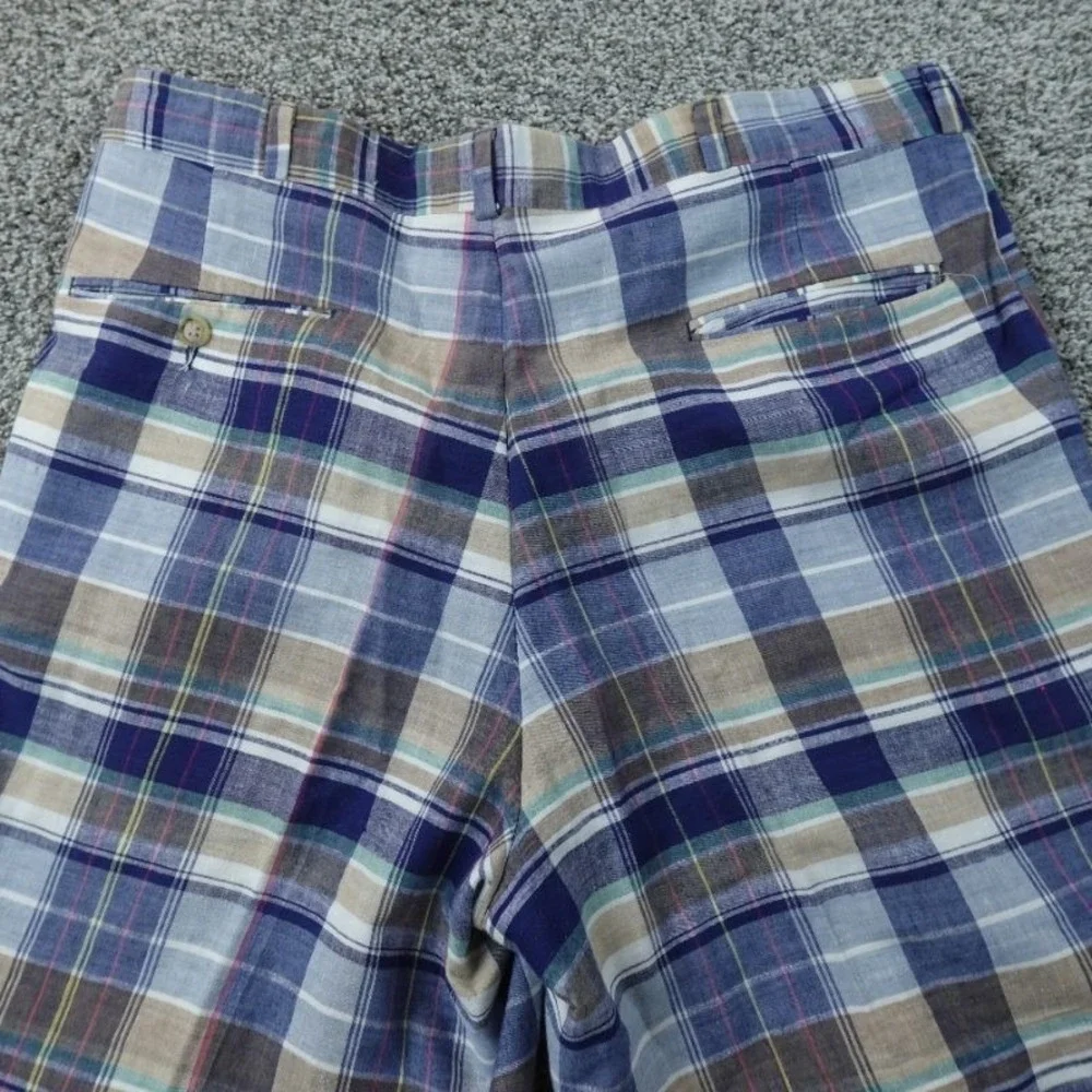VTG Indian Madras Shorts Mens 36 Blue Plaid Chambray Flat‎ Front Preppy Golf USA